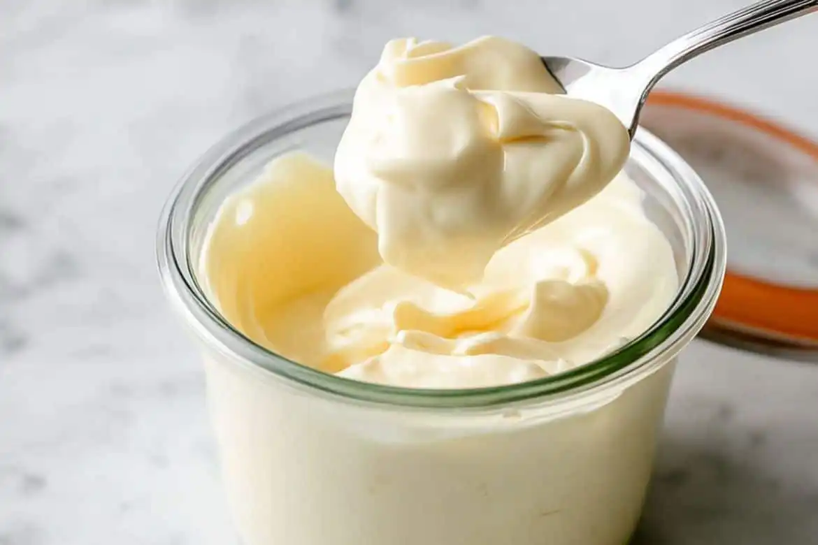 Homemade mayonnaise in a glass jar with spoonful on top