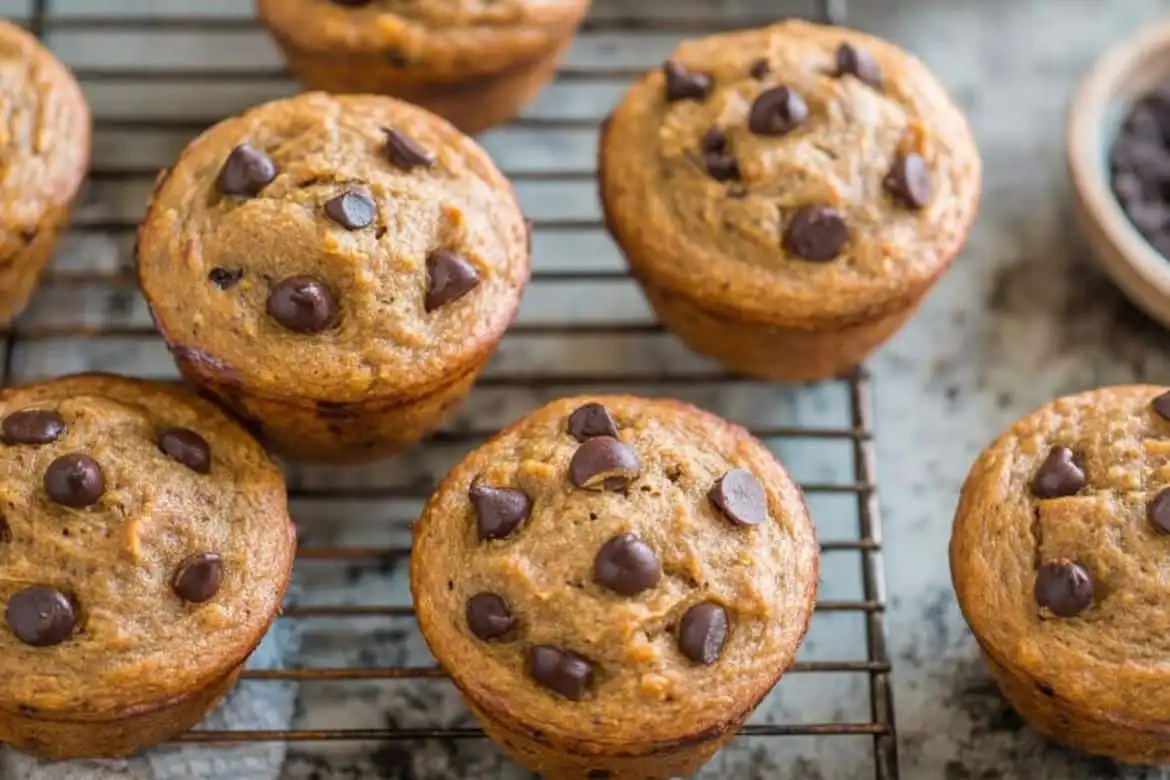 Freshly baked Kodiak protein muffins with chocolate chips on a cooling rack