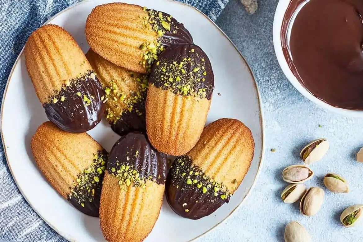 Pistachio and dark chocolate dipped madeleine cookie with golden crisp edges