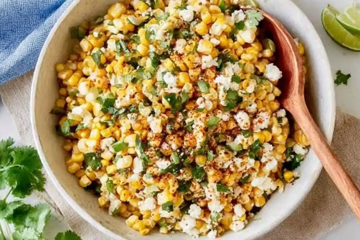 Mexican street corn salad with grilled corn, Cotija cheese, cilantro, and lime