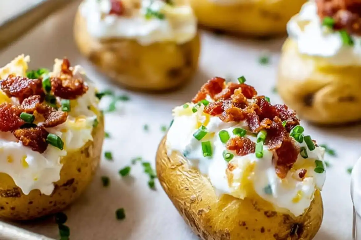 Mini baked potatoes topped with sour cream, crispy bacon, and fresh chives on a baking tray