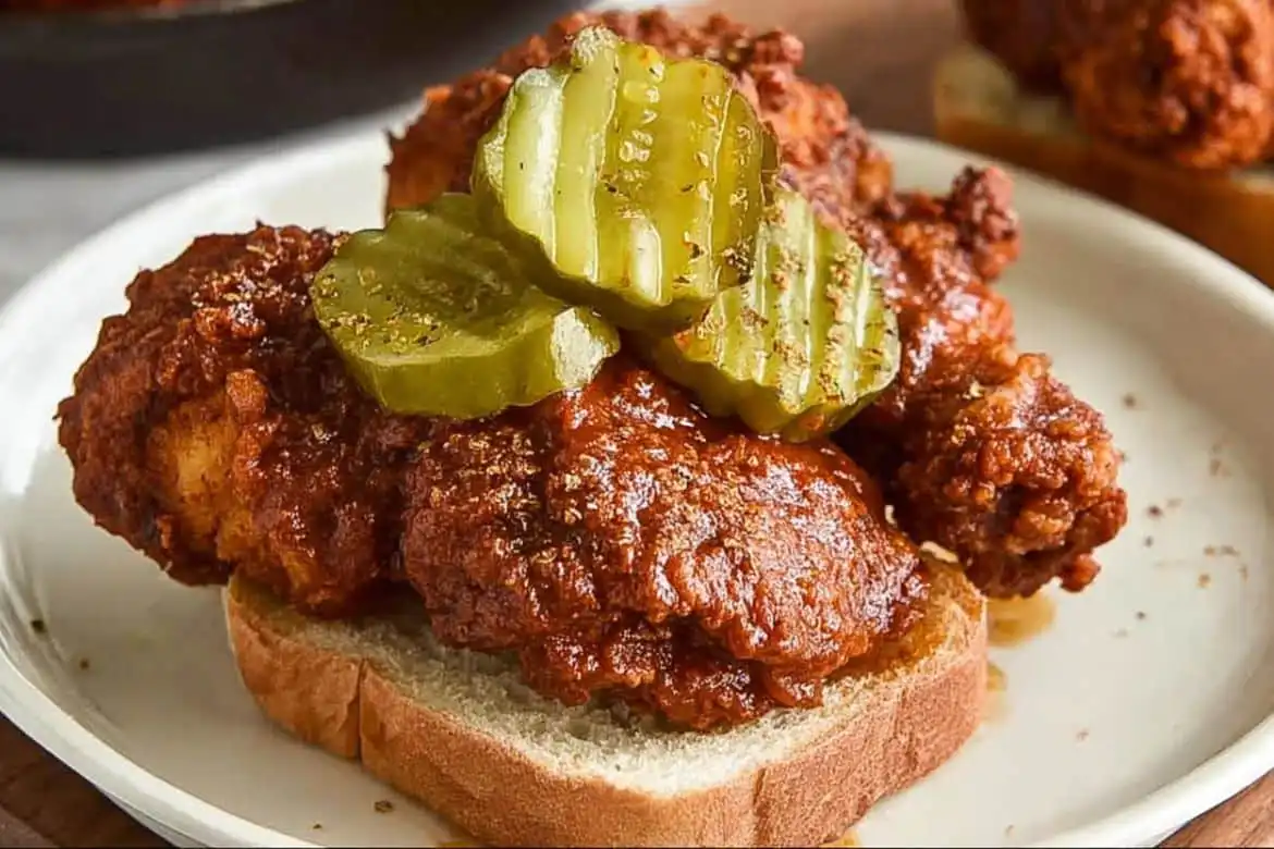 nashville hot chicken on white bread with pickles