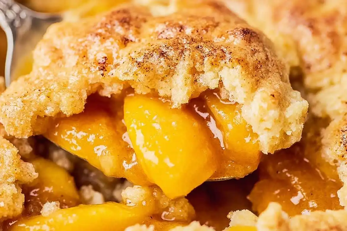 Close-up of peach cobbler with canned peaches and golden biscuit topping
