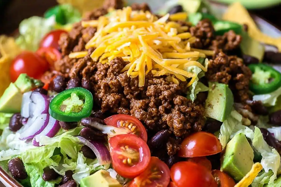 Taco salad recipe with seasoned ground beef, avocado, cheddar cheese, black beans, and fresh vegetables