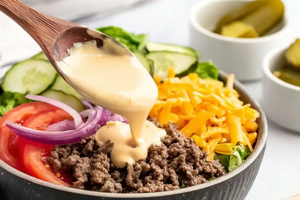Burger bowl sauce being drizzled over ground beef, lettuce, tomatoes, onions, and cheddar cheese in a fresh burger bowl